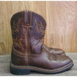 Justin Leather Cowboy Boots Square Toe Youth Size 1.5 Brown